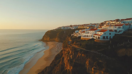 Golden hour at Azenhas do Mar, with its picturesque white houses overlooking the Atlantic Ocean and sandy beach belowの素材