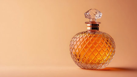 A glass perfume bottle with deep amber tones, showcased on a luxurious brown gradient backdrop, space for branding.の素材