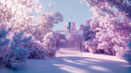 A feminine and modern perfume presentation with a clear fragrance bottle, soft floral shadows, and a lilac background bathed in natural light.の素材