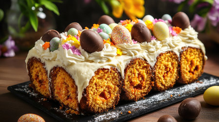 Gourmet carrot roll cake with rich cream cheese frosting, topped with chocolate eggs and colorful sugar sprinkles, stylish modern food setupの素材
