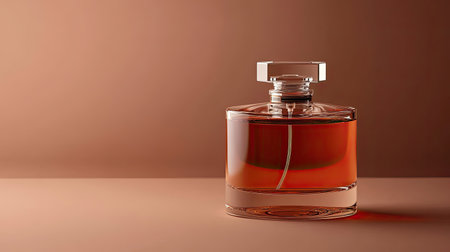 A designer men's perfume bottle with a polished surface, set on a neutral brown background with subtle shadows, text space available.の素材