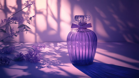 A delicate and feminine perfume concept featuring a glass bottle, subtle ribbon bow, and floral shadows beautifully cast on a lilac background.の素材