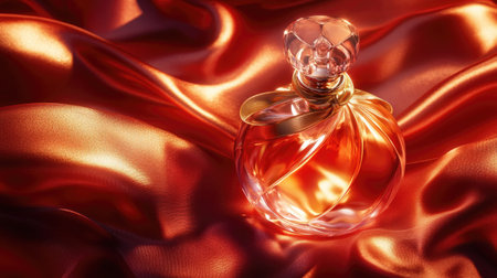 A crystal-clear perfume bottle with a golden cap and a silk ribbon, surrounded by soft shadows on a bold red background.の素材