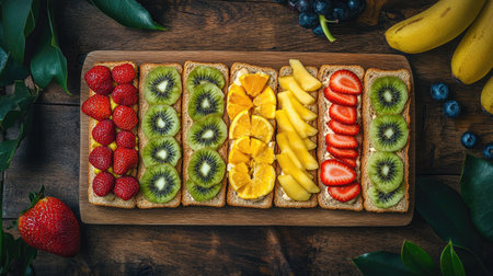 Flat lay of multiple fruit sandwiches with different fruits, neatly sliced and arranged on a wooden board, bright and cheerful vibeの素材