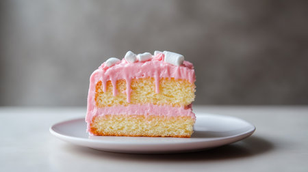 Freshly baked pink marble cake slice with gooey marshmallow drizzle, placed on a minimalistic plate, soft-focus backgroundの素材