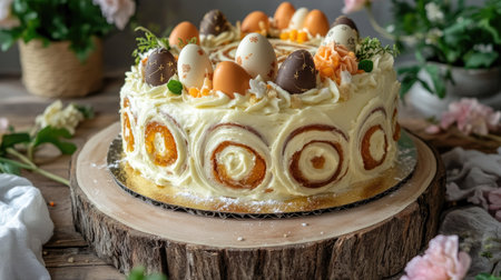 High-end Easter carrot roll cake with swirls of cream cheese frosting, detailed with carrot jelly, chocolate eggs, and sugar accents, rustic aestheticの素材