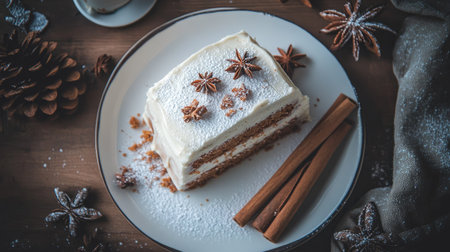 High-end bakery-style carrot cake with glossy cream cheese glaze, beautifully arranged with cinnamon sticks and powdered sugarの素材