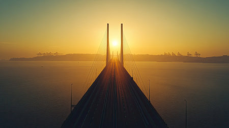 High-angle view of Vasco da Gama Bridge surrounded by Lisbon's urban landscape, emphasizing its connectivity and scaleの素材