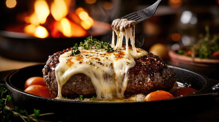 Juicy Hamburg steak being lifted with a fork, melted cheese oozing from the center, glowing campfire in the backgroundの素材
