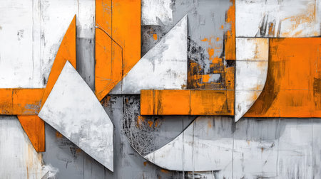 Layered planes of gray and orange tones, intersecting lines and textured surfaces, creating an abstract and modern architectural facadeの素材