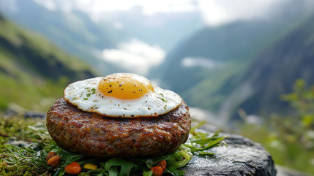 Hamburg steak with a sunny-side-up egg on top, served outdoors at a campsite, fresh air and mountain scenery in the backgroundの素材