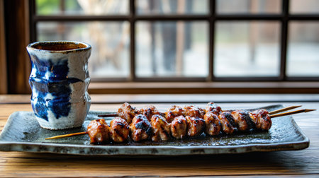 Juicy yakitori skewers fresh off the grill, served with a small sake cup and traditional Japanese condiments, cozy izakaya settingの素材