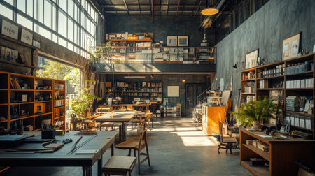 High-ceiling workshop space in a factory with large worktables, storage racks, and industrial tools, showcasing a productive environmentの素材