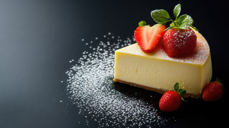 Homemade cheesecake with a smooth texture, garnished with fresh strawberries and a dusting of powdered sugar, minimalistic settingの素材