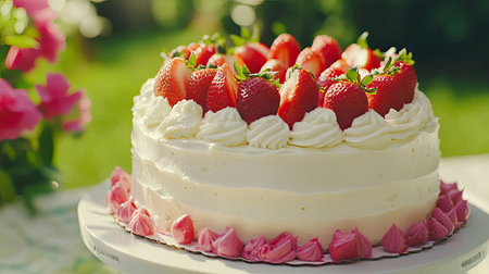 Homemade strawberry cake with light vanilla sponge, smooth cream cheese frosting, and juicy strawberries, rustic summer settingの素材