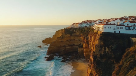 Landscape of Azenhas do Mar, with its quaint white houses perched on cliffs overlooking the ocean, glowing in the fading sunlightの素材