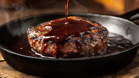 Hamburg steak sizzling in a hot skillet, thick demi-glace sauce poured over, rustic dining table with warm lightingの素材