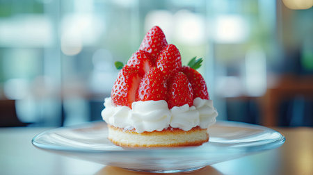 Japanese-style fruit sandwich with perfectly sliced strawberries and fresh cream, placed on a modern glass dish, soft-focus backgroundの素材