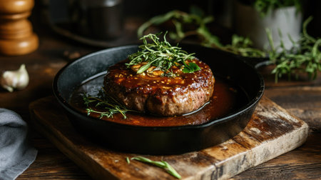 Juicy Hamburg steak sizzling in a cast iron skillet, rich brown sauce bubbling, garnished with fresh herbs, rustic wooden table settingの素材