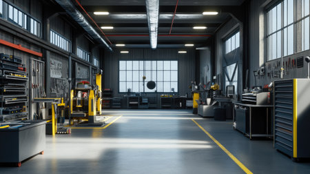 Large workshop in an industrial factory with rows of machinery, tool racks, and bright lighting, ready for production and repairsの素材