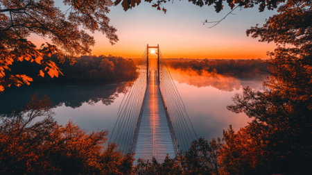 Linear ground-level view of a white suspension bridge glowing in golden tones, with cables leading into the sunriseの素材