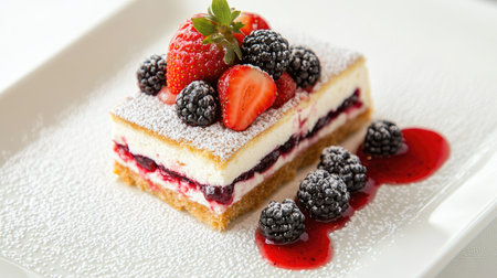 Luxurious cheesecake topped with fresh berries and a light dusting of powdered sugar, served with a side of strawberry coulisの素材