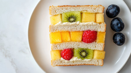 Minimalist composition of a fruit sandwich with perfectly cut layers of fresh fruit and soft bread, placed on a white ceramic plateの素材
