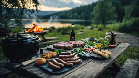 Outdoor feast with Hamburg steak, grilled sausages, and freshly baked bread, set on a rustic picnic table at a lakeside campsiteの素材