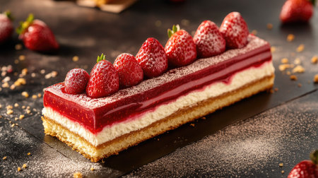 Minimalist food photography of a vanilla sponge strawberry cake with cream cheese, topped with whole berries, elegant summer settingの素材