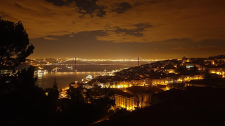 Lisbon's Vasco da Gama Bridge under the night sky, its lights shimmering across the water in an iconic urban landscapeの素材