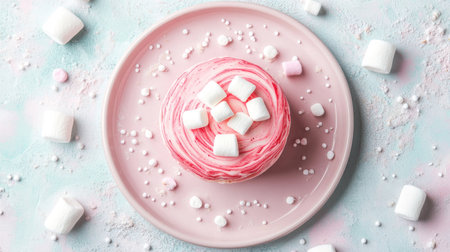 Minimalist composition of pink marble cake with a light vanilla swirl, topped with mini marshmallows, placed on a pastel plateの素材