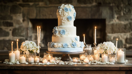 Stunning white and sky-blue wedding cake with handcrafted sugar roses, set on a rustic wooden table with candles and petalsの素材