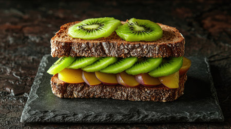 Luxurious fruit sandwich with neatly arranged peach, grape, and kiwi slices in soft bread, styled for a gourmet dessert shootの素材