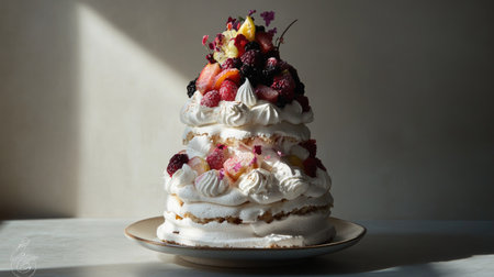 Luxurious Pavlova cake with delicate meringue layers, swirls of whipped cream, and a cascade of fresh fruit, presented on a modern dessert plateの素材