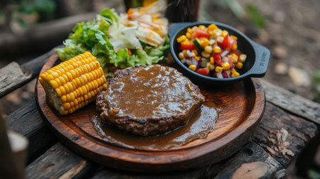 Sizzling Hamburg steak with rich gravy, served on a wooden plate with a side of roasted corn and fresh salad at a forest campsiteの素材