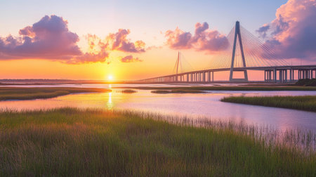 Linear shot of a cable-stayed bridge glowing in the sunrise, with clean white lines contrasting against the warm skyの素材