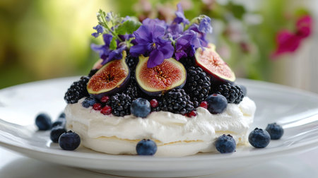Stylish Pavlova cake topped with fresh figs, blueberries, and blackberries, plated with edible flowers, perfect for a modern patisserie menuの素材