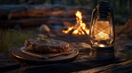 Romantic camping dinner setup with a hot Hamburg steak, flickering lantern light, and a warm bonfire in the distanceの素材