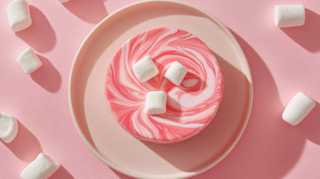 Minimalist composition of pink marble cake with a light vanilla swirl, topped with mini marshmallows, placed on a pastel plateの素材