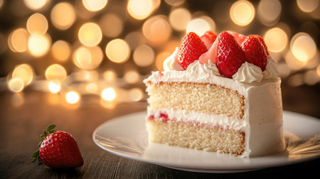 Luxurious strawberry cake with delicate vanilla sponge, silky cream cheese frosting, and bright red strawberries, soft-focus dreamy backgroundの素材