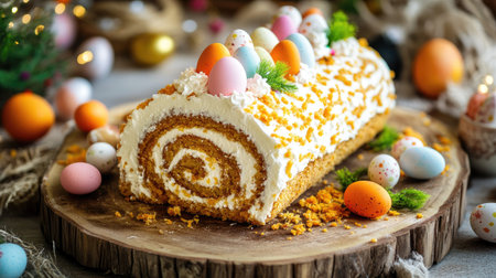 Soft and fluffy carrot roll cake with smooth cream cheese filling, decorated with festive Easter toppings, rustic food styling on a textured plateの素材