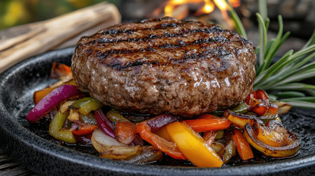 Thick and juicy Hamburg steak fresh off the grill, plated with sauted onions and peppers, surrounded by a rustic camping sceneの素材