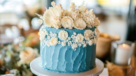 Stunning blue cake with intricate white buttercream flowers, placed on a wedding table with a customizable label areaの素材