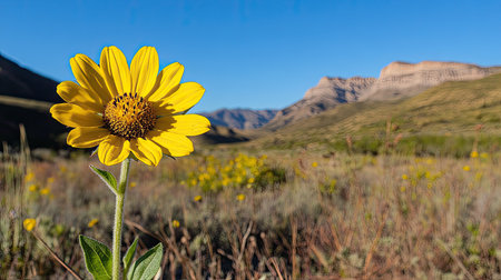 Sunflower bathed in golden sunlight, pollen center in sharp focus, delicate petals glowing, blurred mountains and a clear blue skyの素材