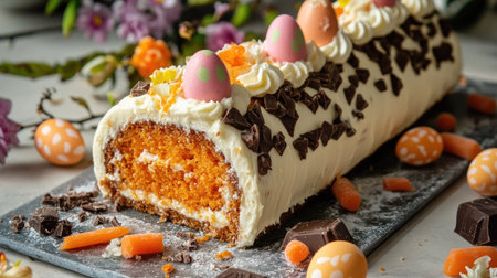 Traditional carrot roll cake with rich cream cheese filling, decorated with chocolate eggs and vibrant carrot jelly, rustic concrete backdropの素材