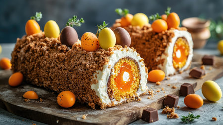 Traditional carrot roll cake with rich cream cheese filling, decorated with chocolate eggs and vibrant carrot jelly, rustic concrete backdropの素材