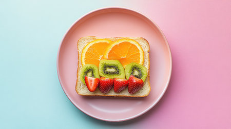 Soft white bread fruit sandwich with orange, kiwi, and strawberries, arranged on a minimalist ceramic plate with pastel tonesの素材
