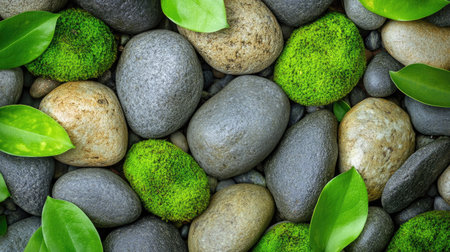 A calming nature background with moss-covered stones and lush green leaves creating a peaceful ambianceの素材