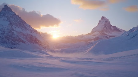 A breathtaking dawn in Zermatt, where the Swiss Alps stand tall beneath a sky transitioning from golden hues to soft blueの素材