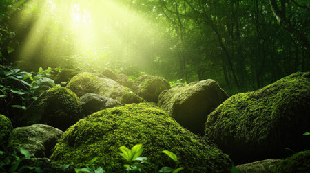 A calming nature scene of moss-covered rocks in a dense rainforest, surrounded by a misty green glowの素材